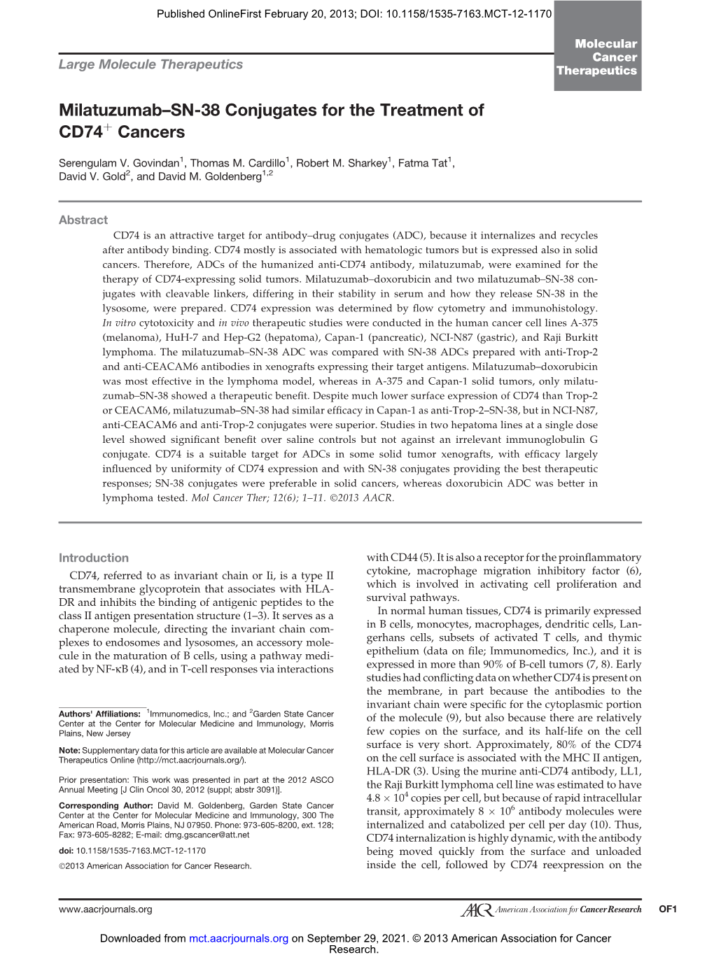 Milatuzumab–SN-38 Conjugates for the Treatment of CD74 Cancers