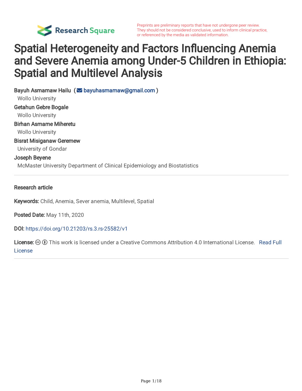 Spatial Heterogeneity and Factors in Uencing Anemia and Severe