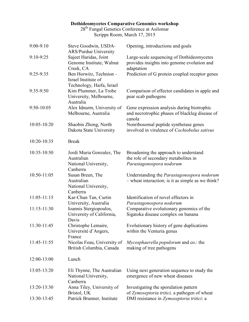 Dothideomycetes Comparative Genomics Workshop 28Th Fungal Genetics Conference at Asilomar Scripps Room, March 17, 2015