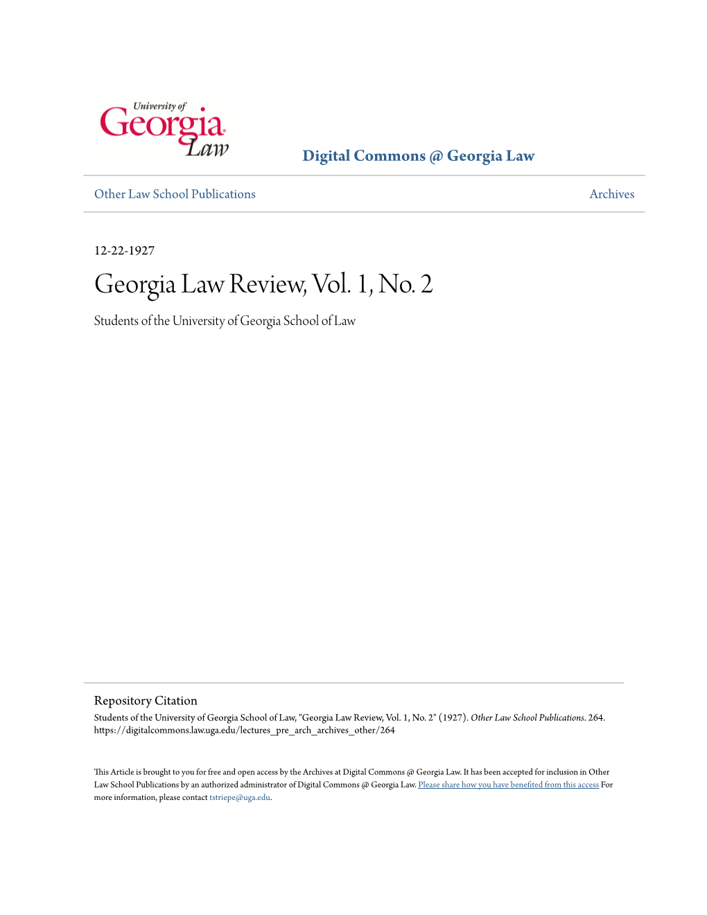 Georgia Law Review, Vol. 1, No. 2 Students of the University of Georgia School of Law