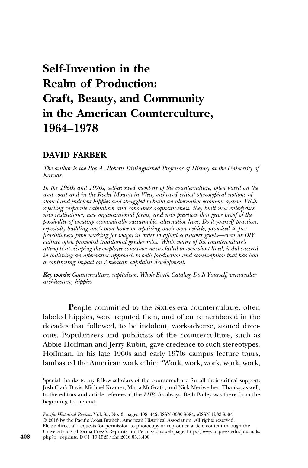 Self-Invention in the Realm of Production: Craft, Beauty, and Community in the American Counterculture, 1964–1978
