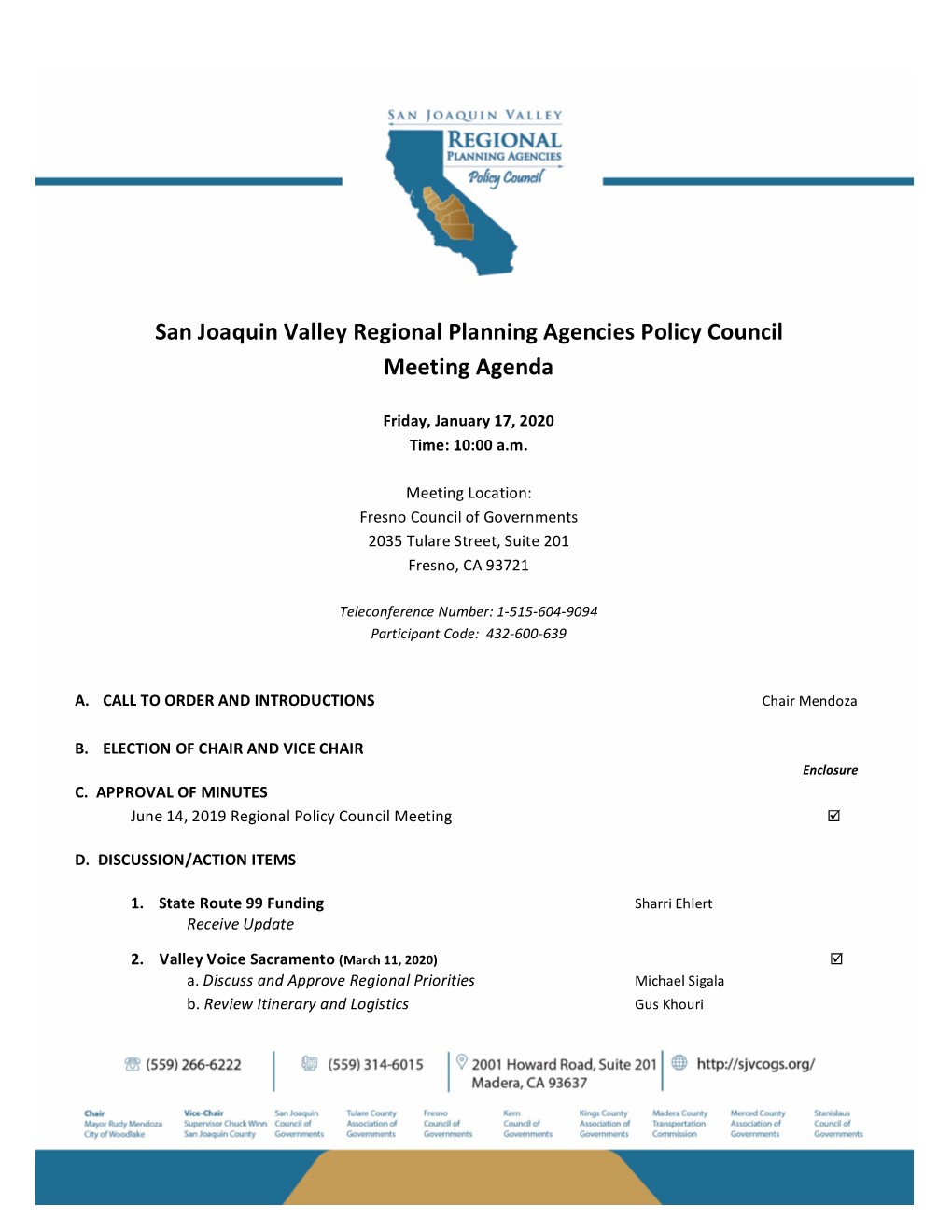 San Joaquin Valley Regional Planning Agencies Policy Council Meeting Agenda