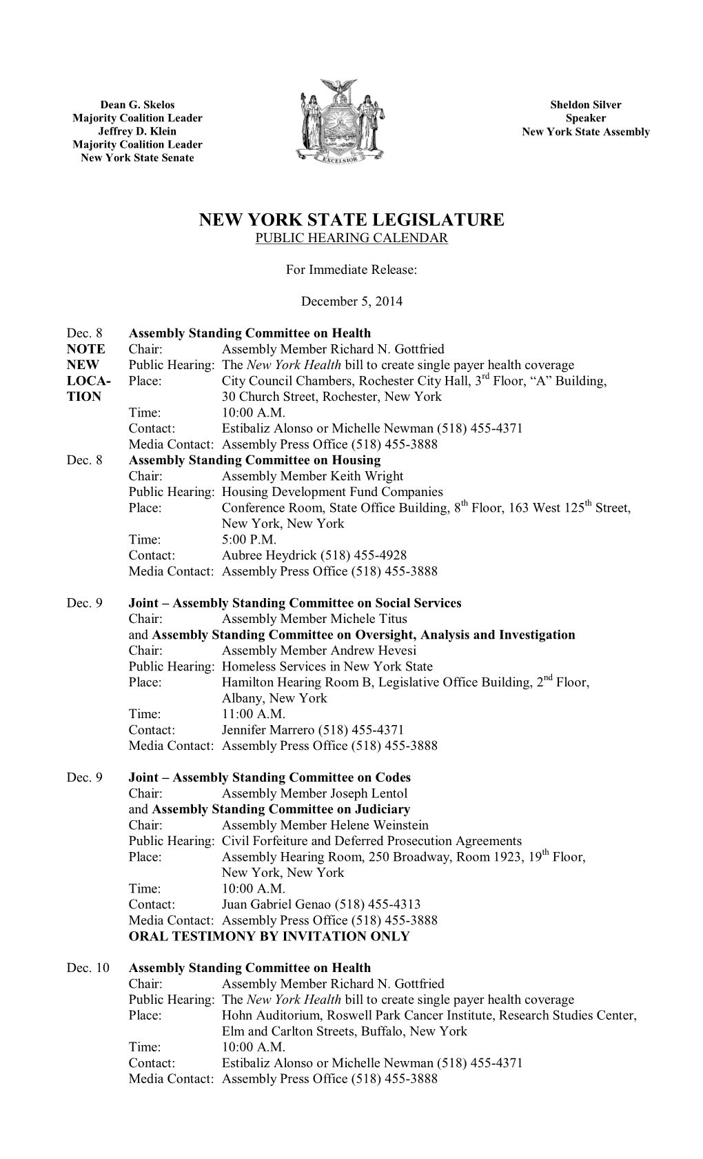 New York State Legislature Public Hearing Calendar