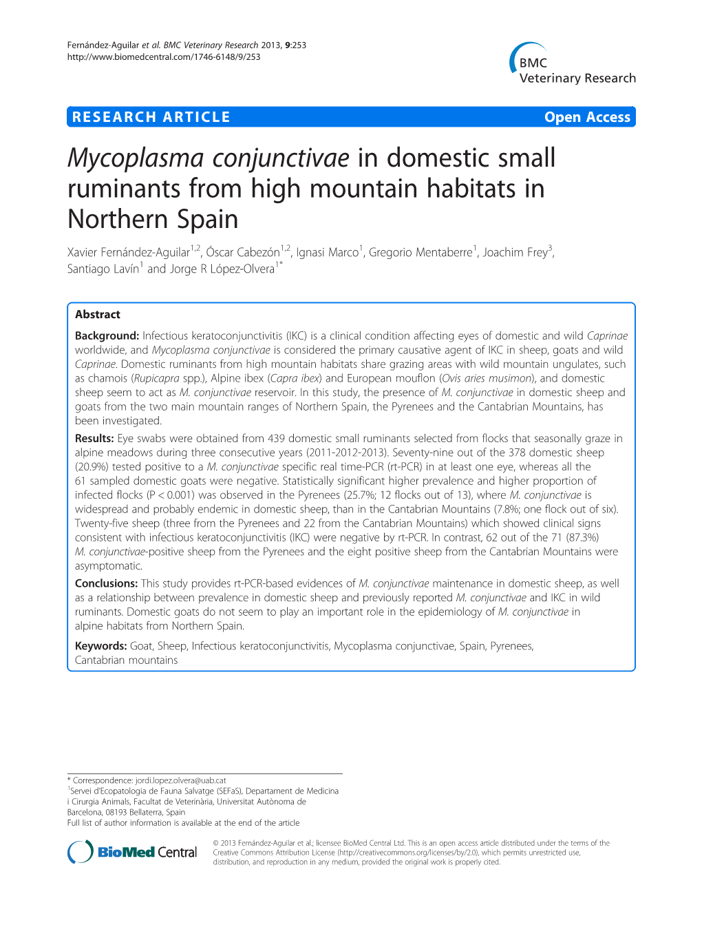 Mycoplasma Conjunctivae in Domestic Small Ruminants from High Mountain Habitats in Northern Spain