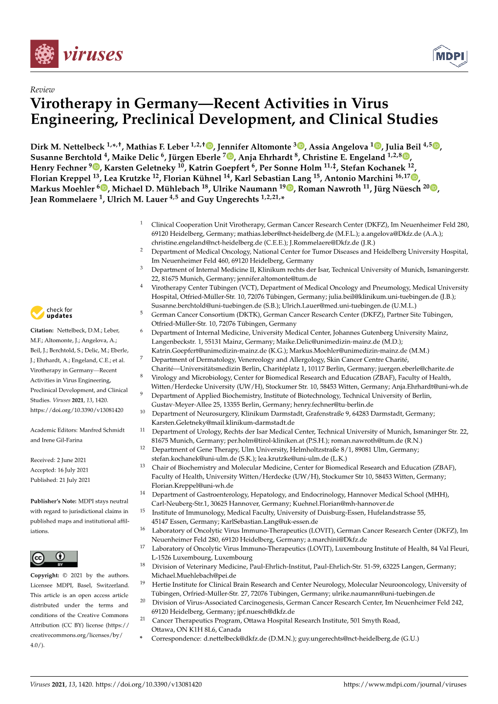 Virotherapy in Germany—Recent Activities in Virus Engineering, Preclinical Development, and Clinical Studies