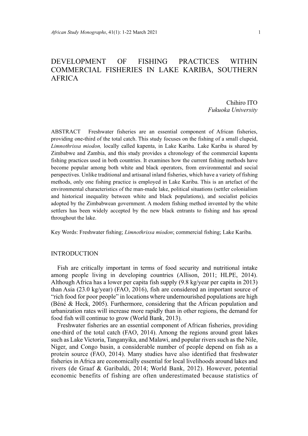 Development of Fishing Practices Within Commercial Fisheries in Lake Kariba, Southern Africa