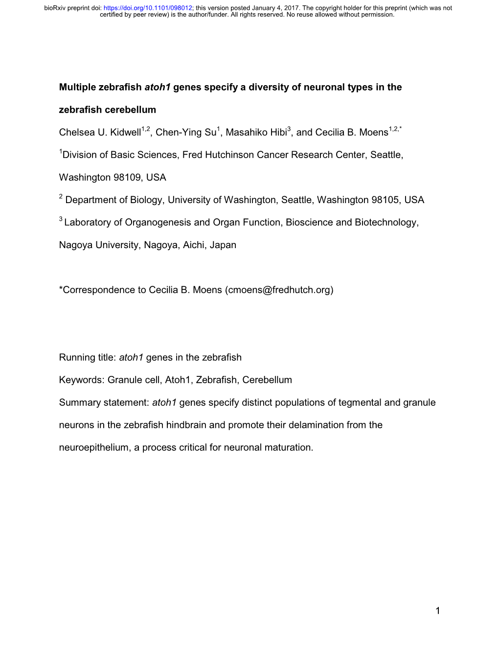 Multiple Zebrafish Atoh1 Genes Specify a Diversity of Neuronal Types in the Zebrafish Cerebellum