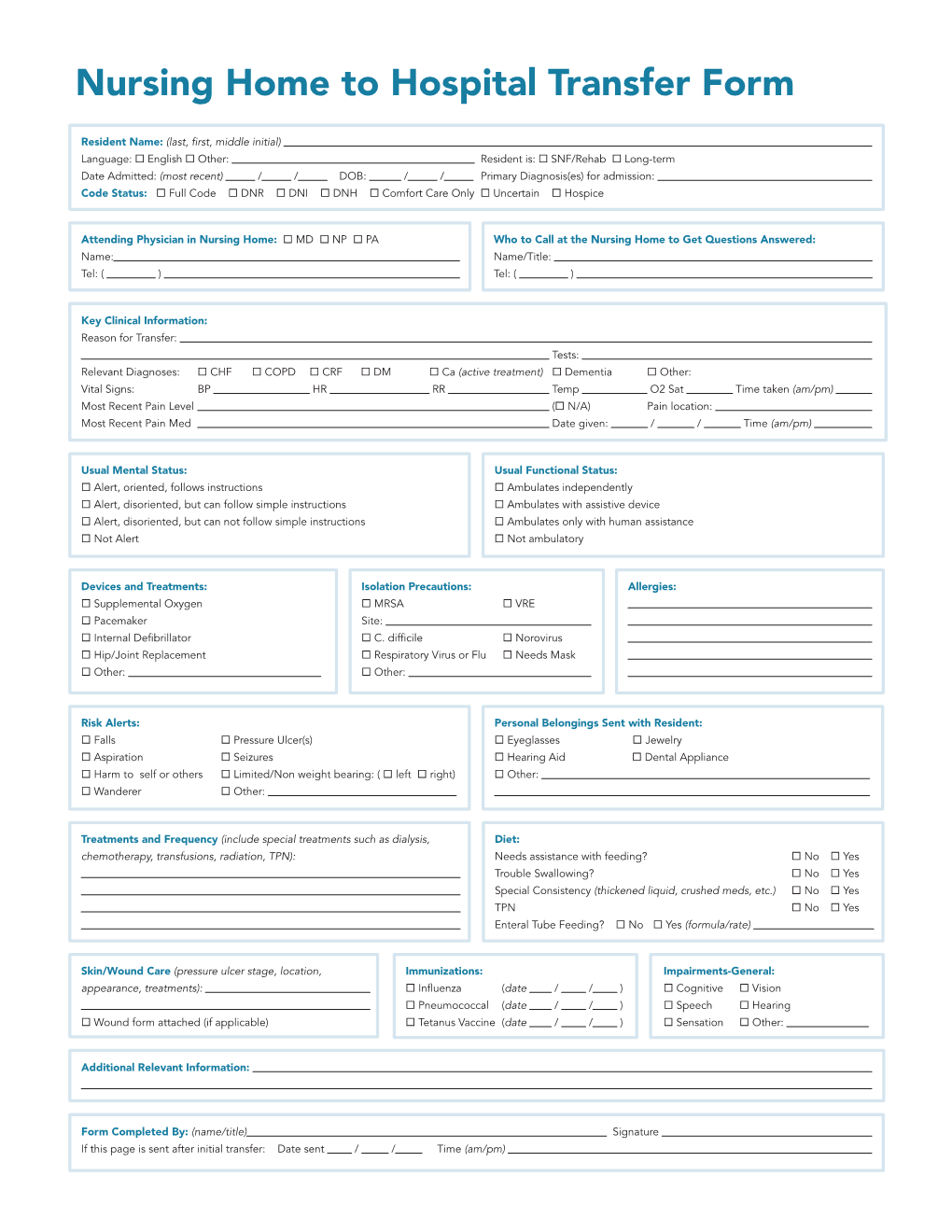 Nursing Home to Hospital Transfer Form