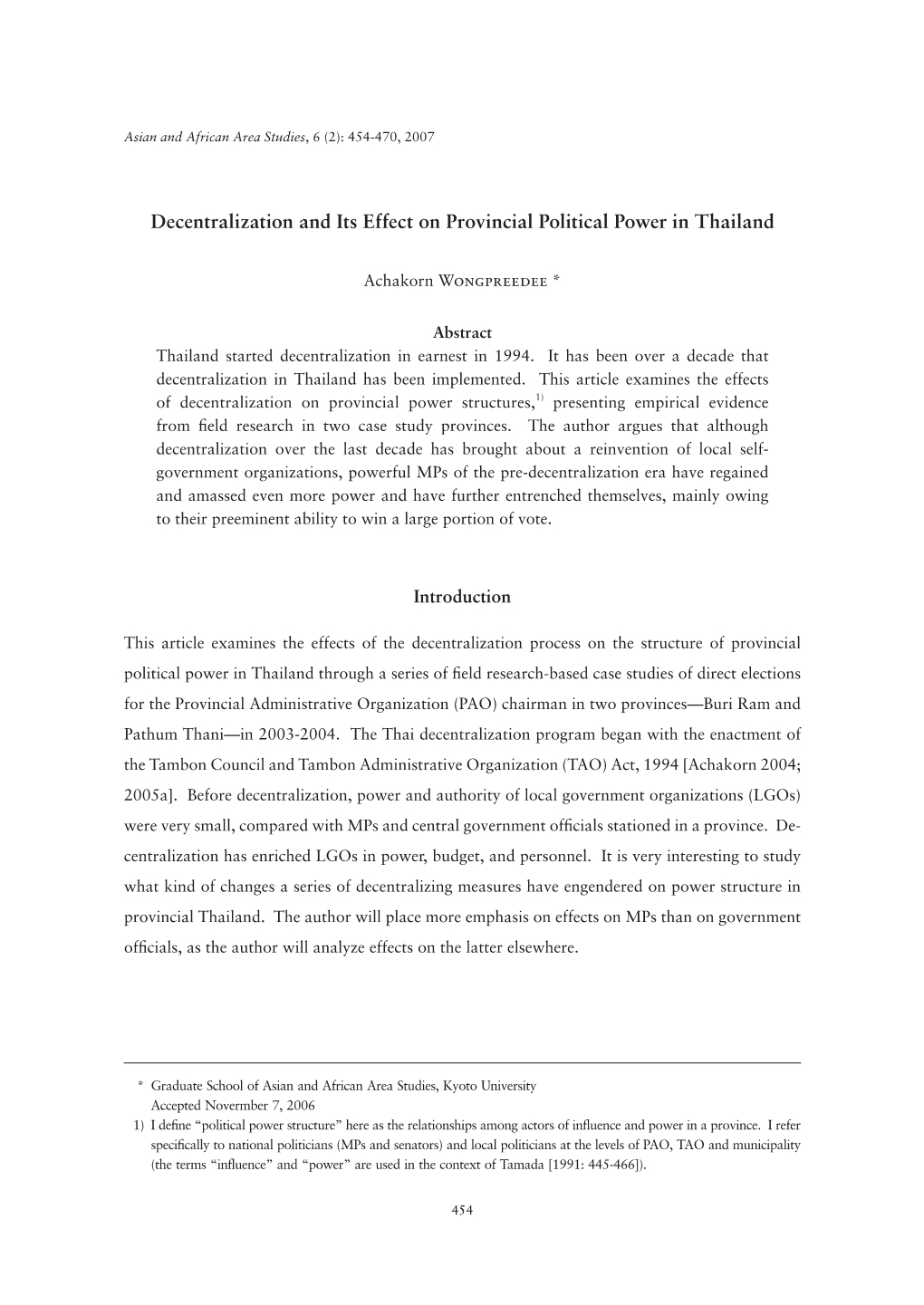 Decentralization and Its Effect on Provincial Political Power in Thailand