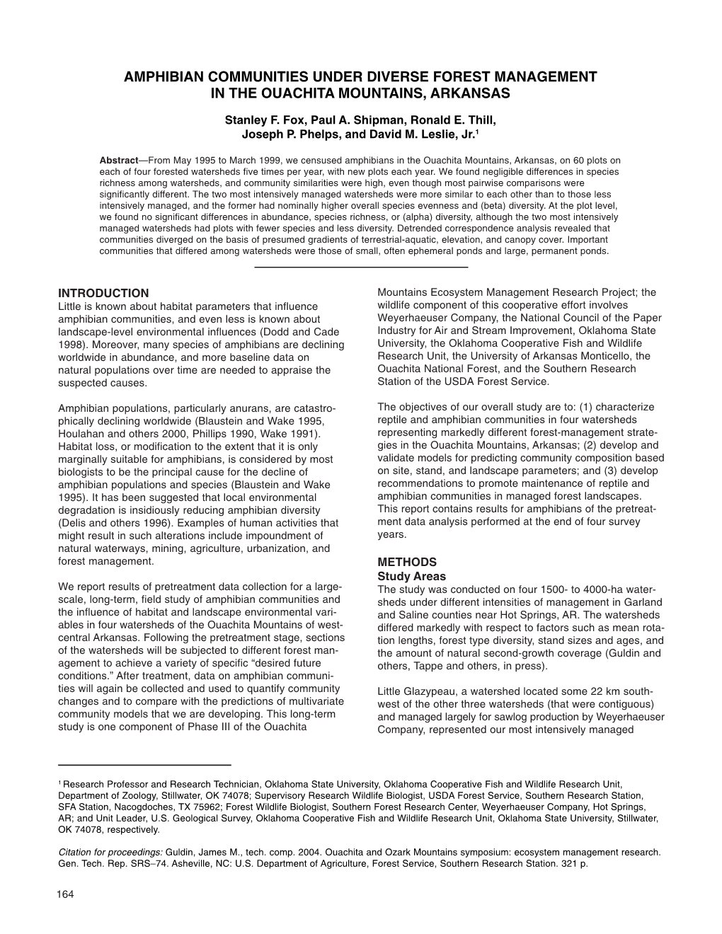 Amphibian Communities Under Diverse Forest Management in the Ouachita Mountains, Arkansas