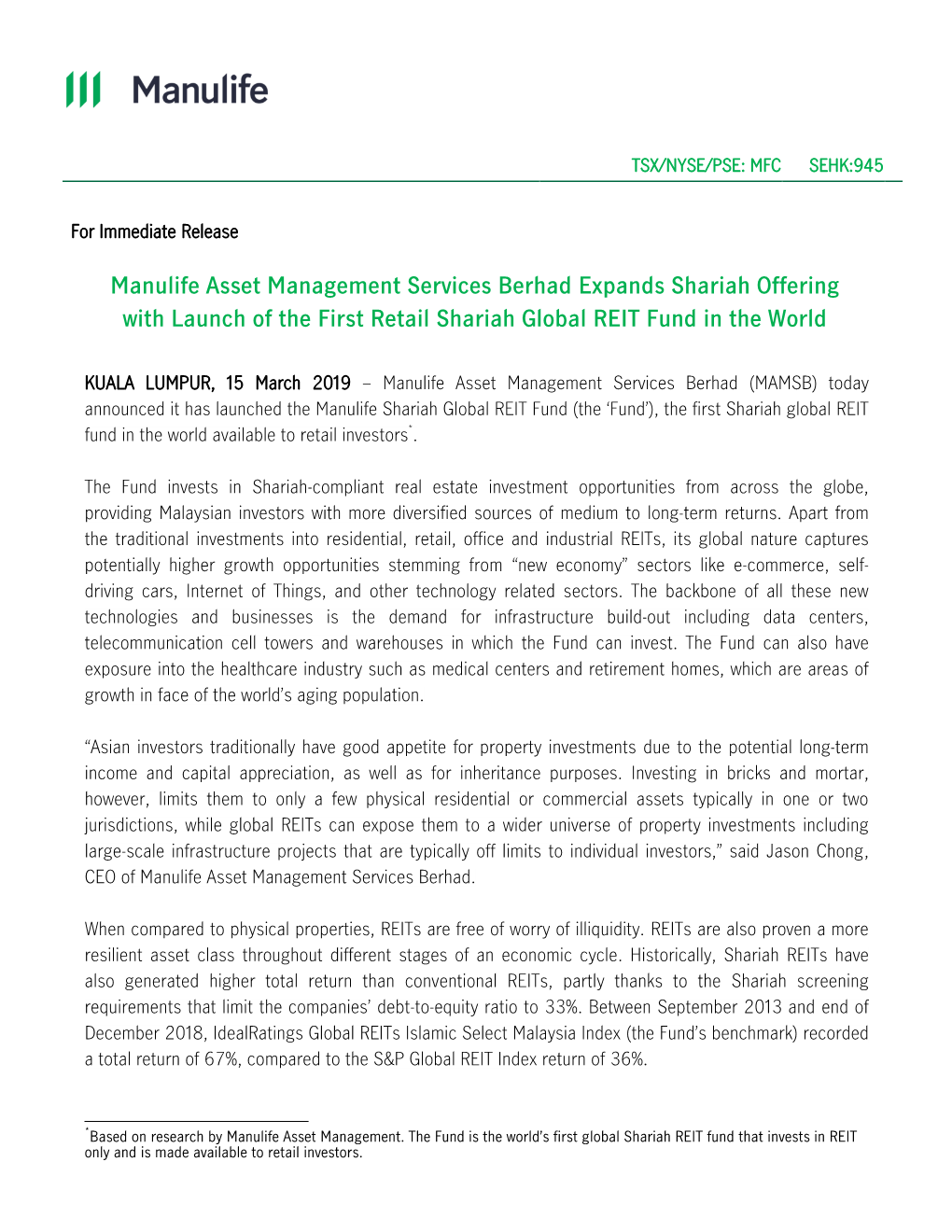 Manulife Asset Management Services Berhad Expands Shariah Offering with Launch of the First Retail Shariah Global REIT Fund in the World