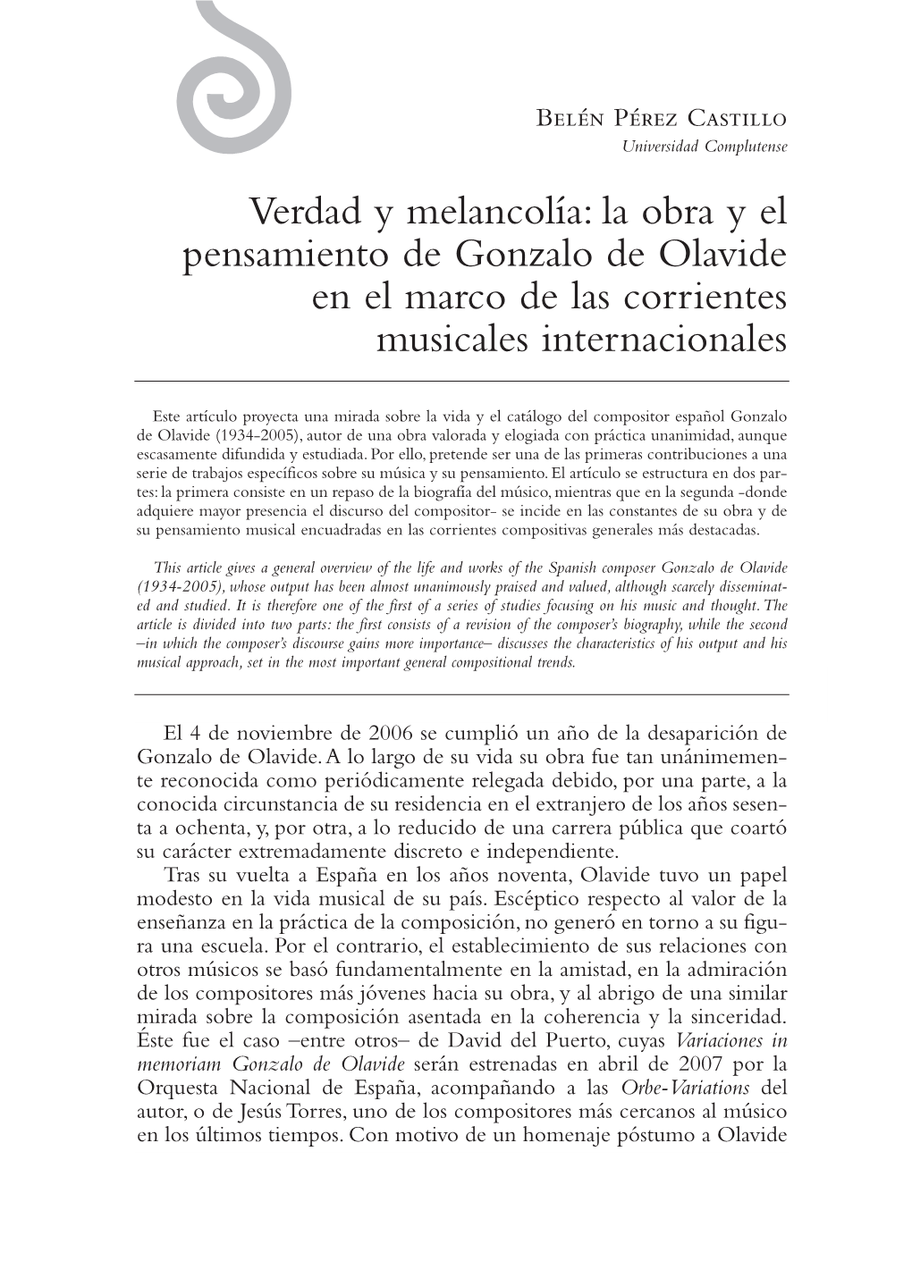 La Obra Y El Pensamiento De Gonzalo De Olavide En El Marco De Las Corrientes Musicales Internacionales