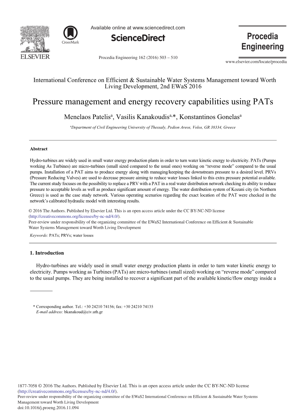 Pressure Management and Energy Recovery Capabilities Using Pats