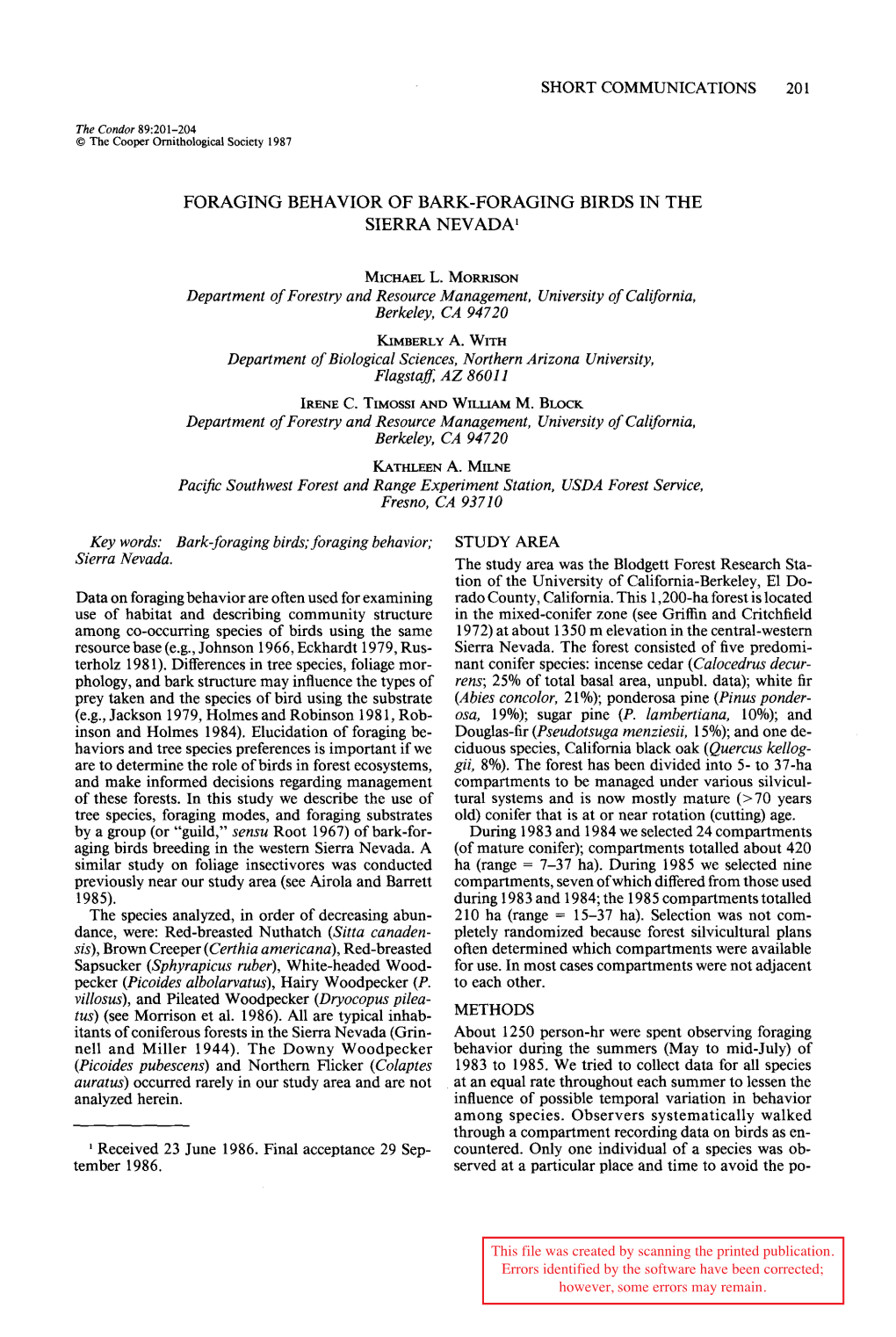 Foraging Behavior of Bark-Foraging Birds in the Sierra Nevada1