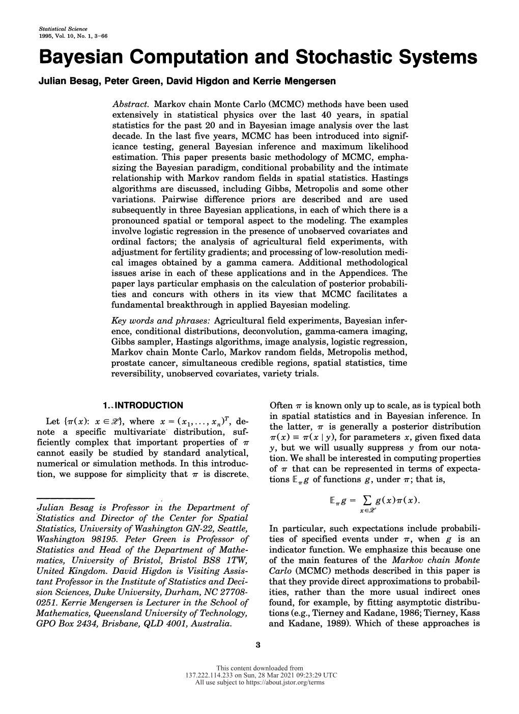 Bayesian Computation and Stochastic Systems