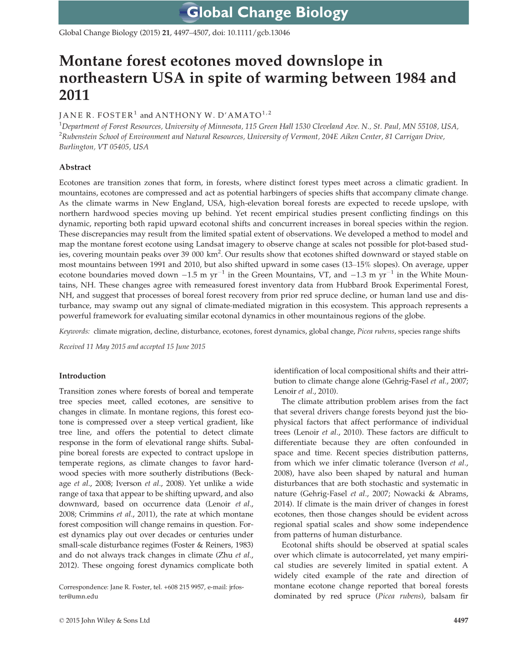 Montane Forest Ecotones Moved Downslope in Northeastern USA in Spite of Warming Between 1984 and 2011