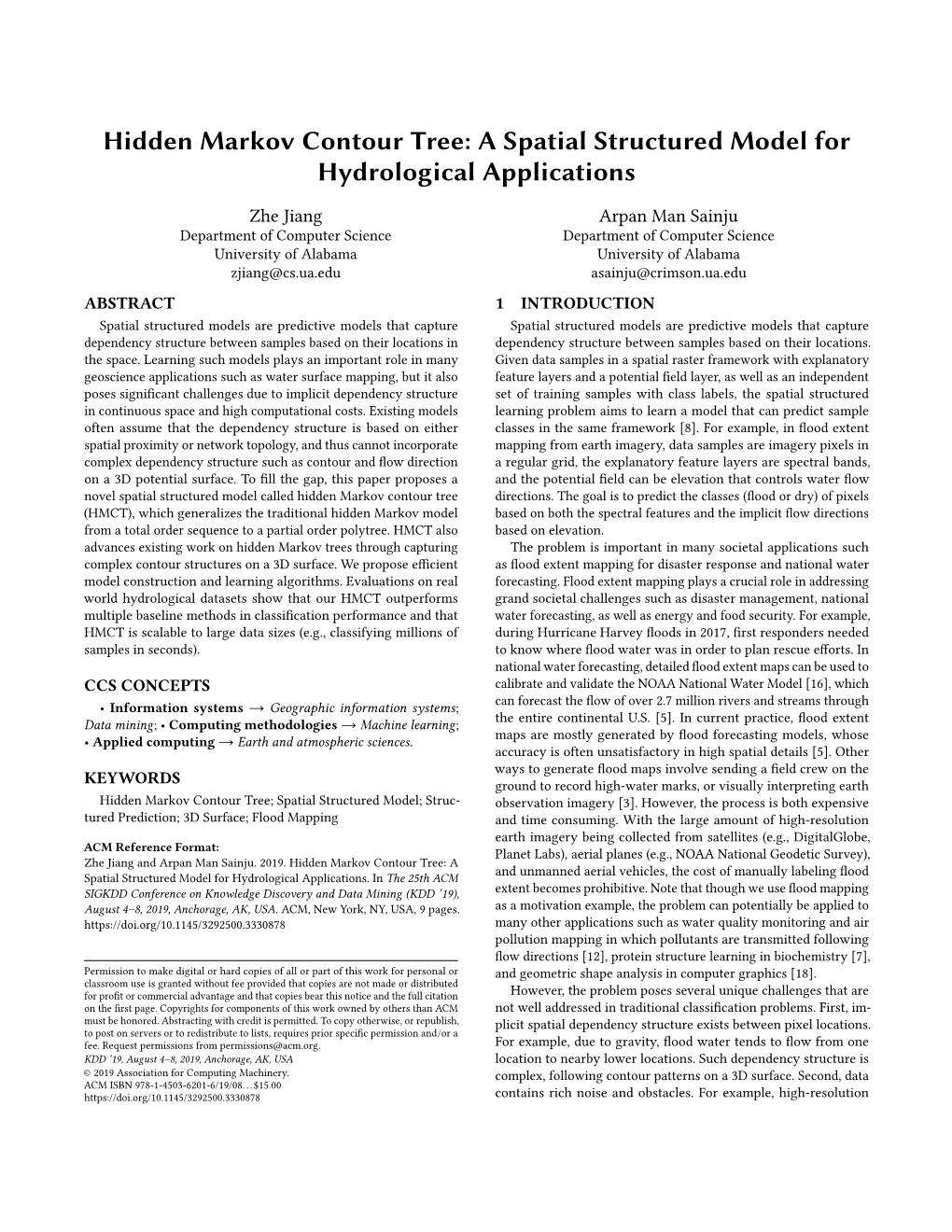 Hidden Markov Contour Tree: a Spatial Structured Model for Hydrological Applications