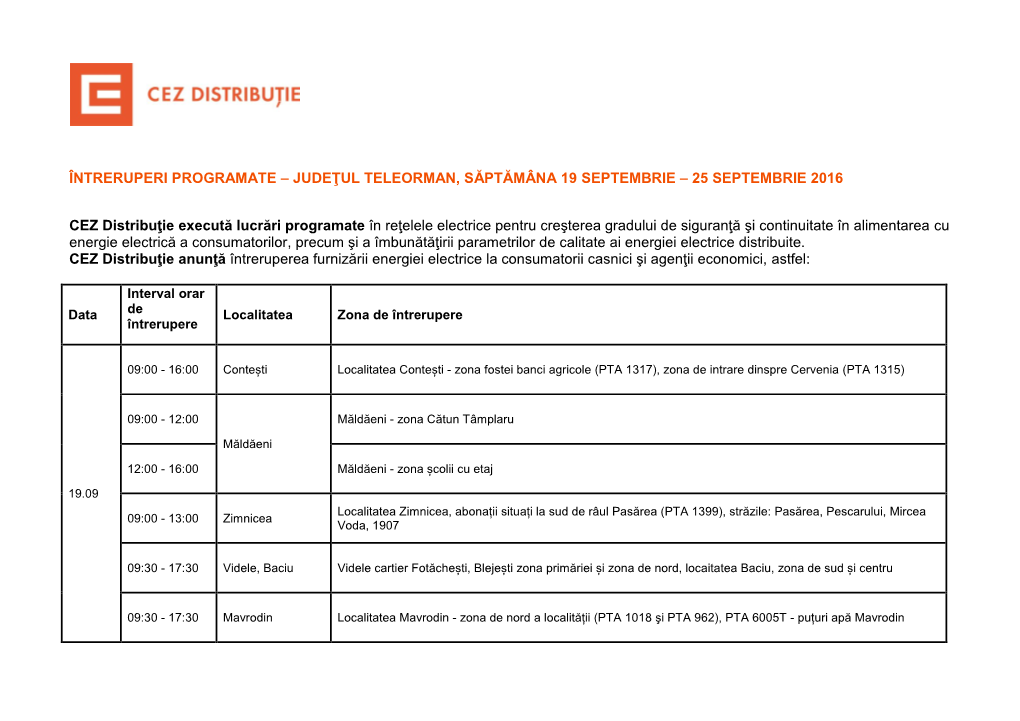 Întreruperi Programate – Judeţul Teleorman, Săptămâna 19 Septembrie – 25 Septembrie 2016