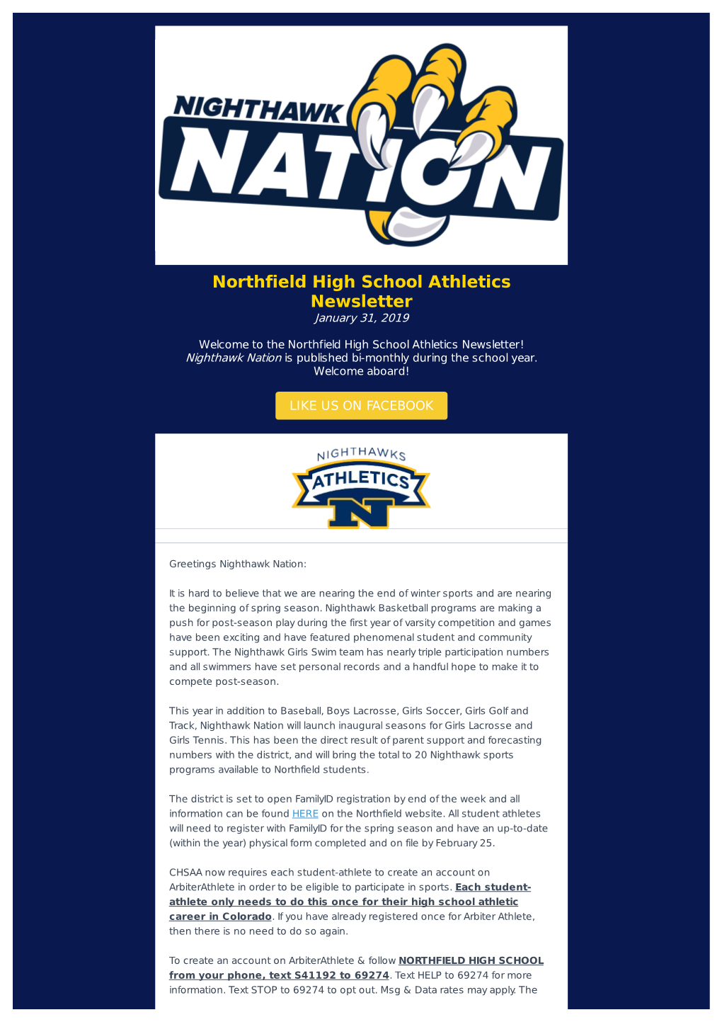 Northfield High School Athletics Newsletter January 31, 2019