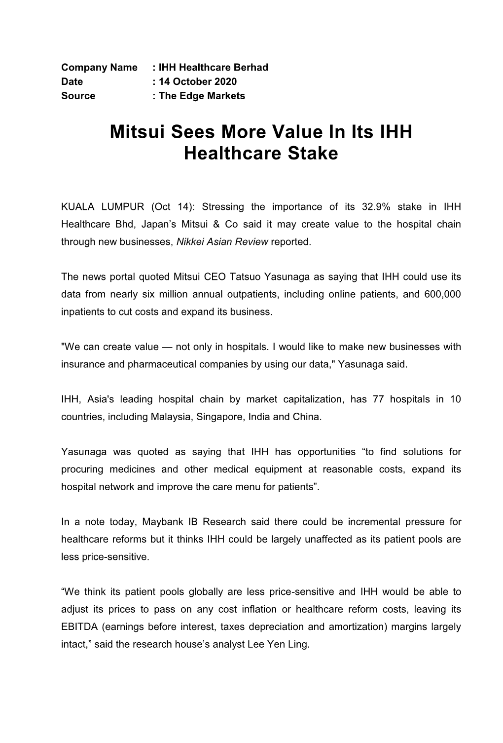 Mitsui Sees More Value in Its IHH Healthcare Stake