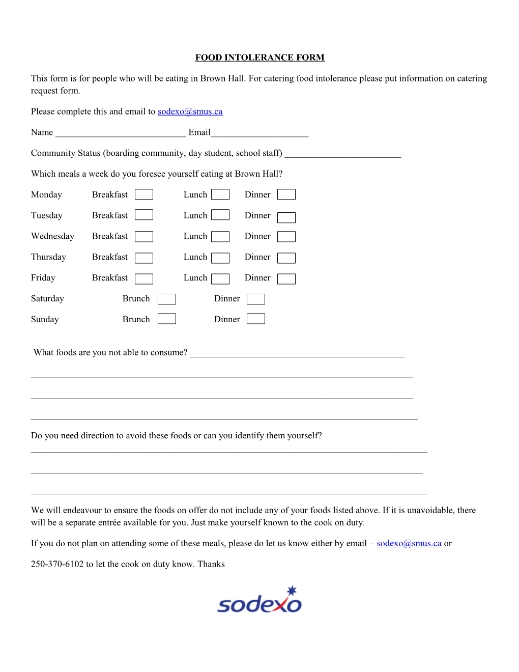 Food Intolerance Form