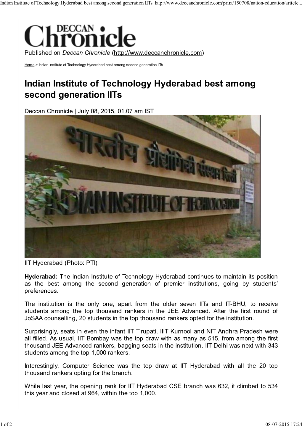 Indian Institute of Technology Hyderabad Best Among Second Generation Iits