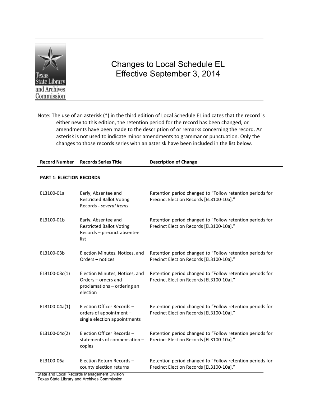 Changes to Local Schedule EL