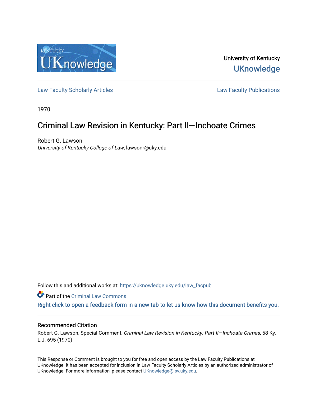 Criminal Law Revision in Kentucky: Part II—Inchoate Crimes