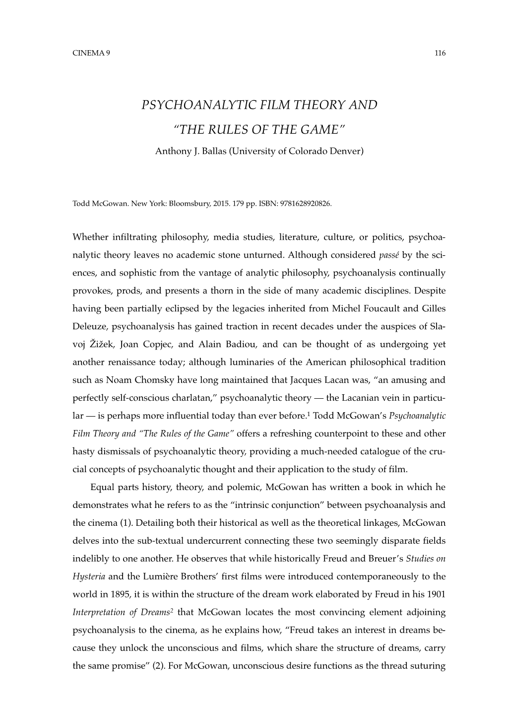 Psychoanalytic Film Theory and “The Rules of the Game”