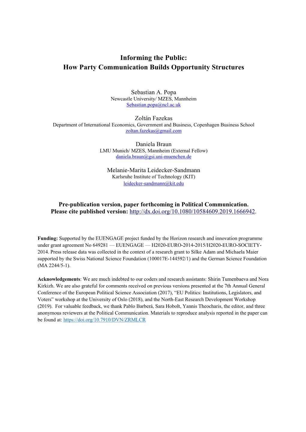 Informing the Public: How Party Communication Builds Opportunity Structures