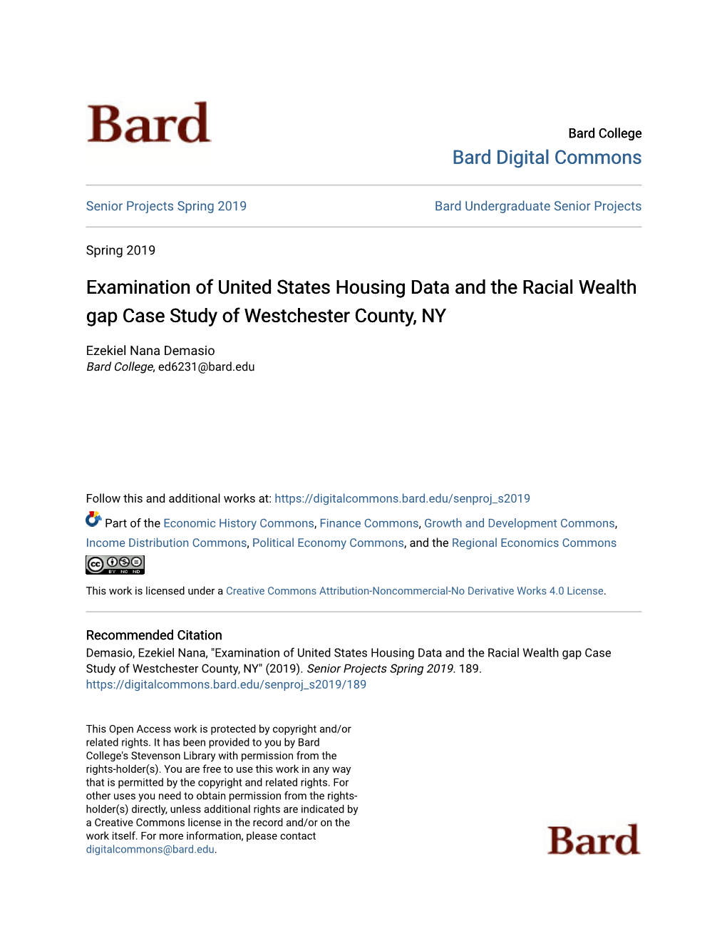 Examination of United States Housing Data and the Racial Wealth Gap Case Study of Westchester County, NY