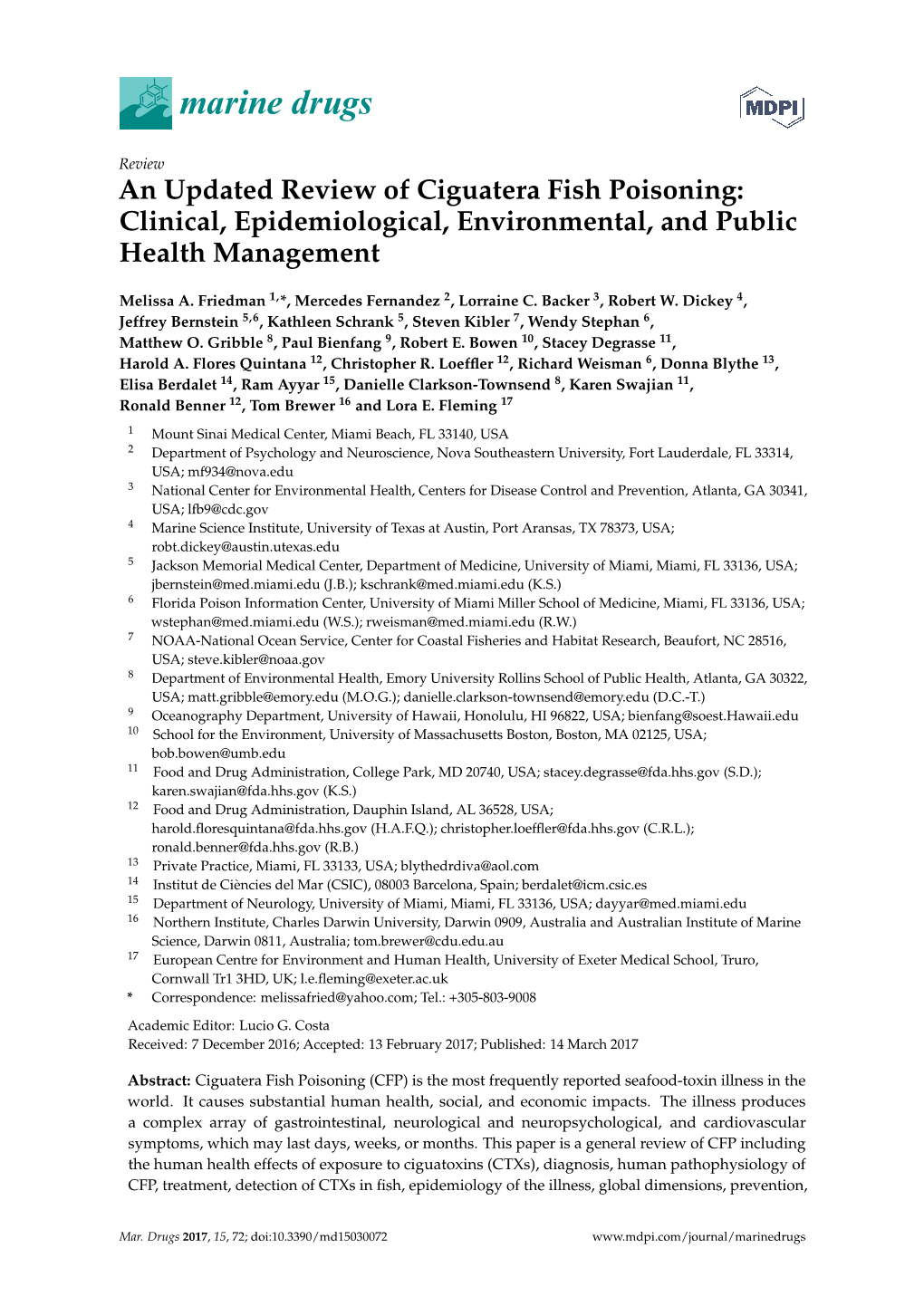 An Updated Review of Ciguatera Fish Poisoning: Clinical, Epidemiological, Environmental, and Public Health Management