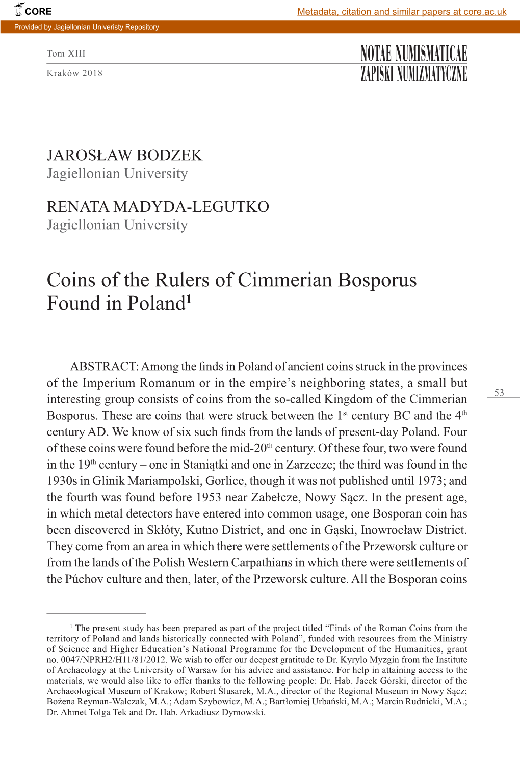 Coins of the Rulers of Cimmerian Bosporus Found in Poland1