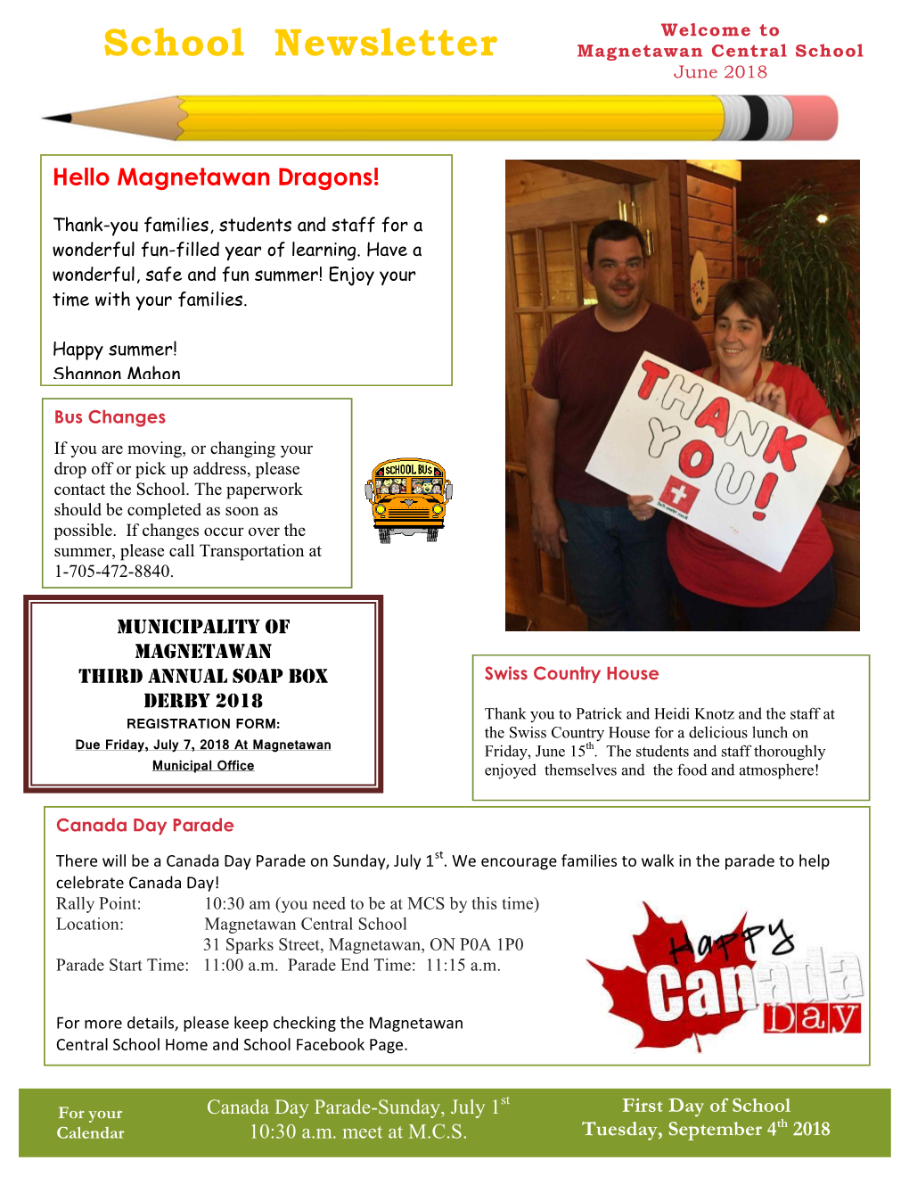 School Newsletter Magnetawan Central School June 2018