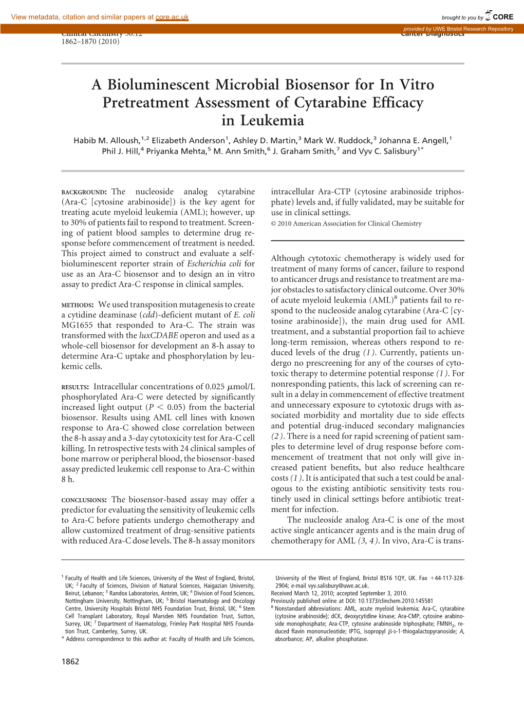 A Bioluminescent Microbial Biosensor for in Vitro Pretreatment Assessment of Cytarabine Efficacy in Leukemia Habib M