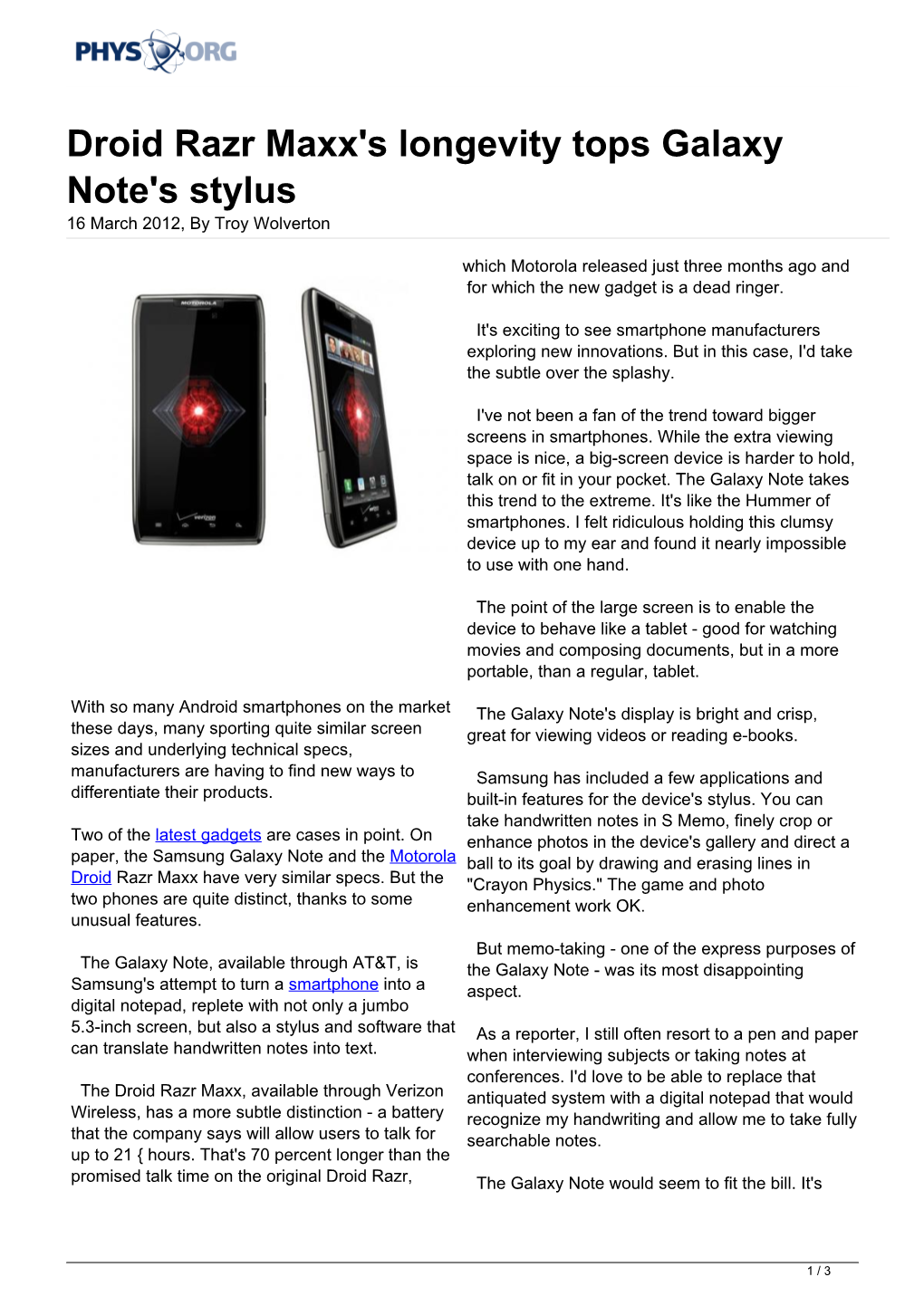 Droid Razr Maxx's Longevity Tops Galaxy Note's Stylus 16 March 2012, by Troy Wolverton