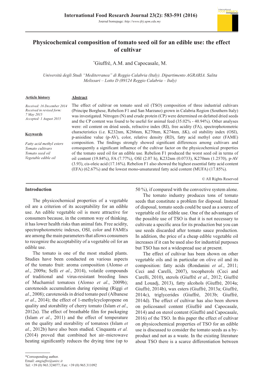 Physicochemical Composition of Tomato Seed Oil for an Edible Use: the Effect of Cultivar