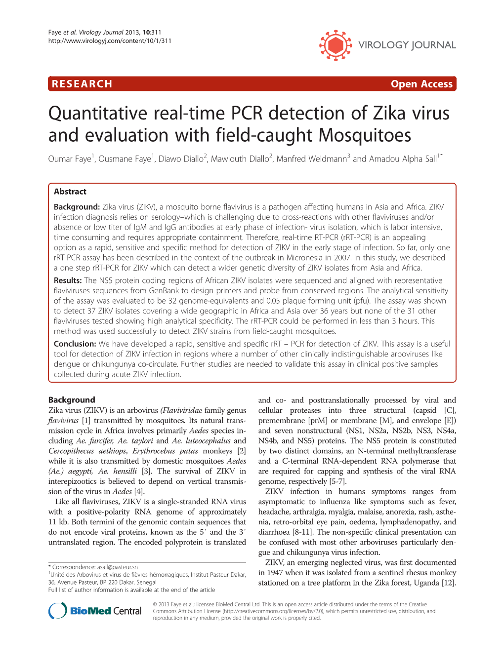 Quantitative Real-Time PCR Detection of Zika Virus and Evaluation With