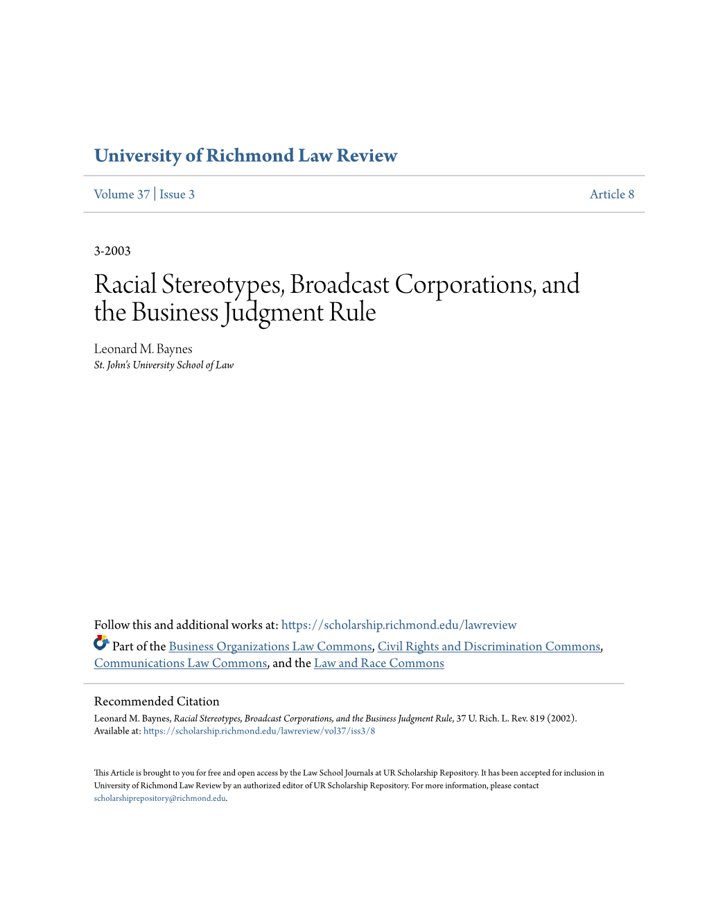 Racial Stereotypes, Broadcast Corporations, and the Business Judgment Rule Leonard M