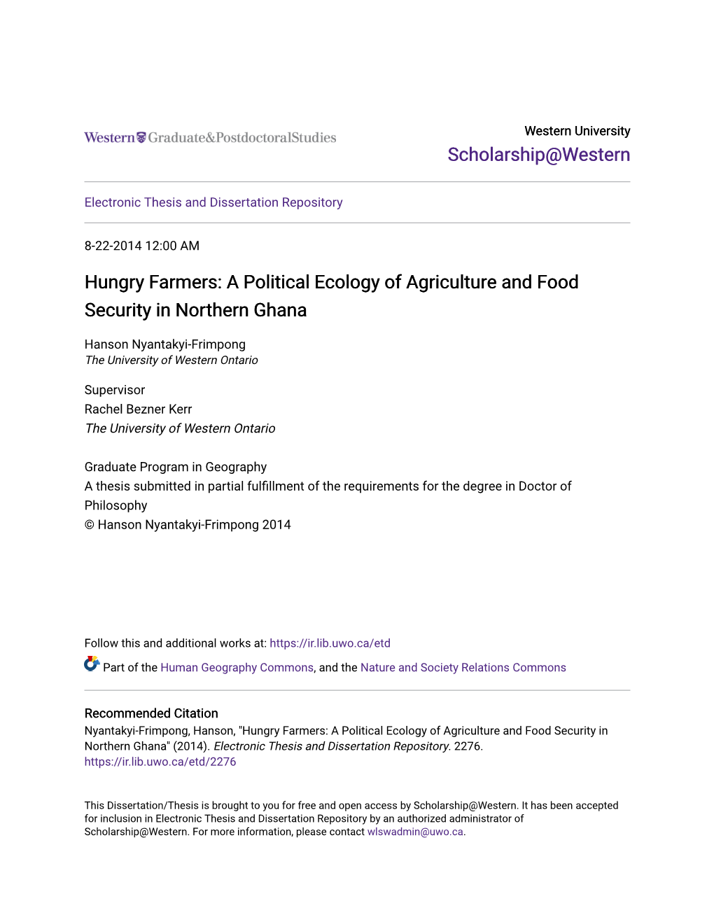 A Political Ecology of Agriculture and Food Security in Northern Ghana