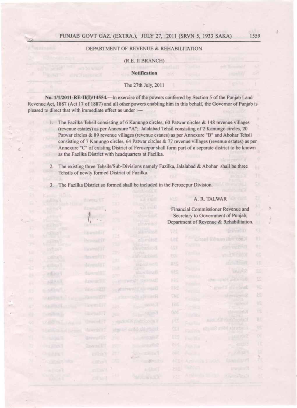 Punjab Govt Gaz: (Extra.), July 27, 2011 (Srvn 5, 1933 Saka) 1559