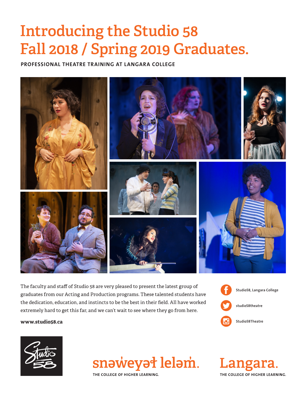 Introducing the Studio 58 Fall 2018 / Spring 2019 Graduates. PROFESSIONAL THEATRE TRAINING at LANGARA COLLEGE