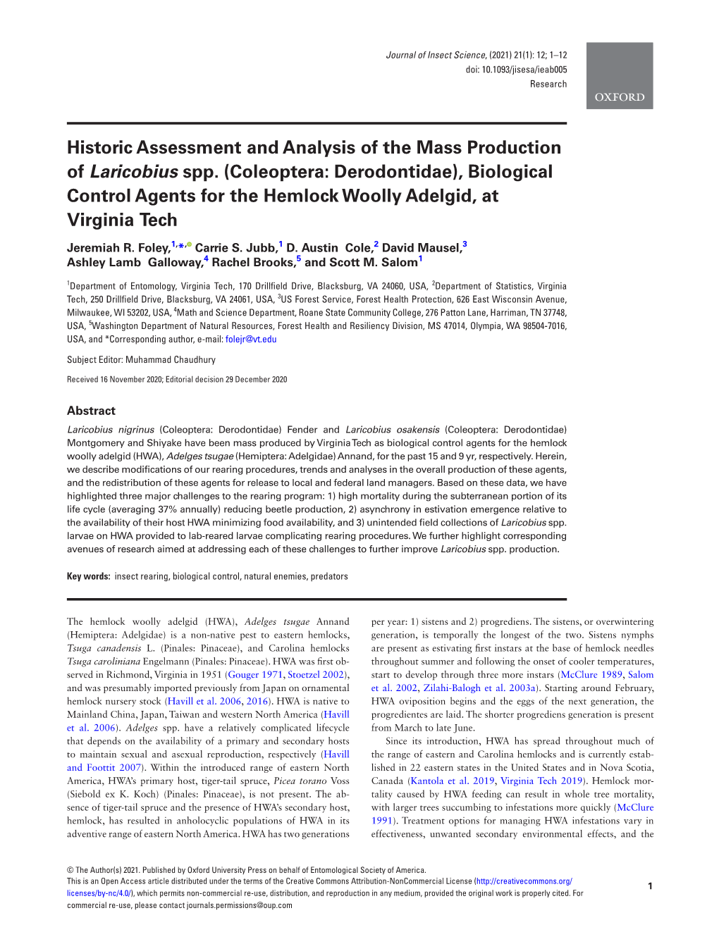 Historic Assessment and Analysis of the Mass Production of Laricobius Spp