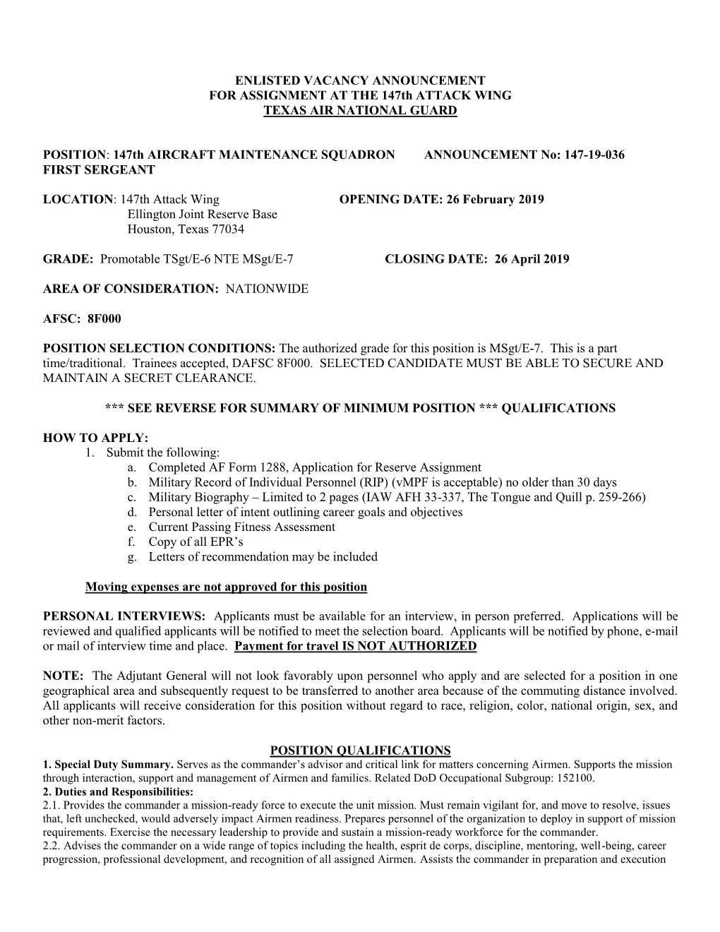 ENLISTED VACANCY ANNOUNCEMENT for ASSIGNMENT at the 147Th ATTACK WING TEXAS AIR NATIONAL GUARD POSITION