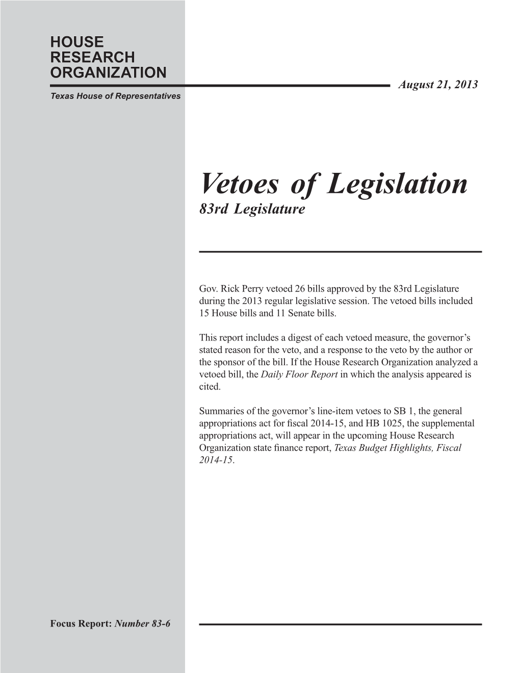 Vetoes of Legislation 83Rd Legislature