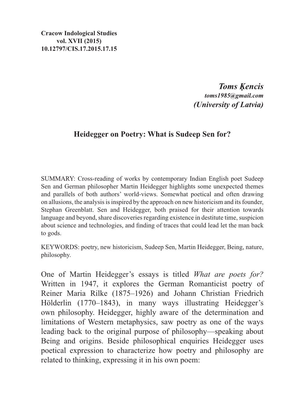 Heidegger on Poetry: What Is Sudeep Sen For?