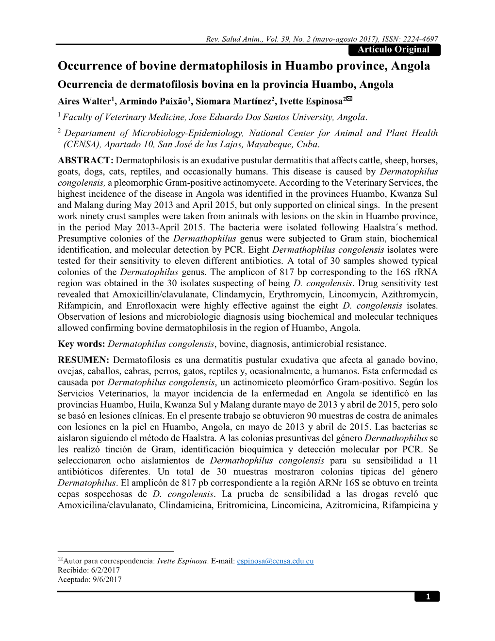 Occurrence of Bovine Dermatophilosis in Huambo Province, Angola