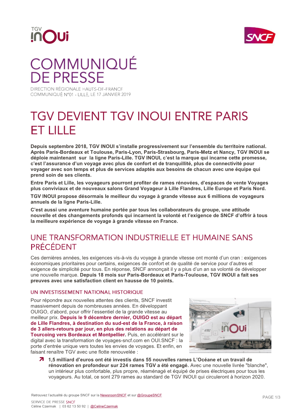 Depuis Septembre 2018, TGV INOUI S'installe Progressivement