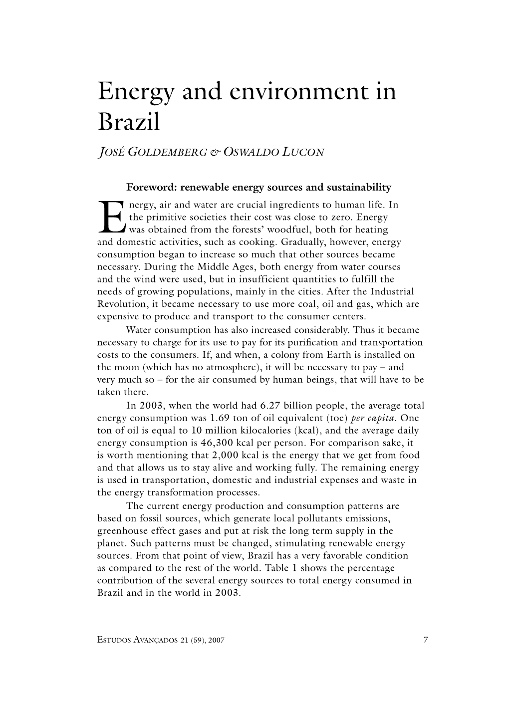 Energy and Environment in Brazil