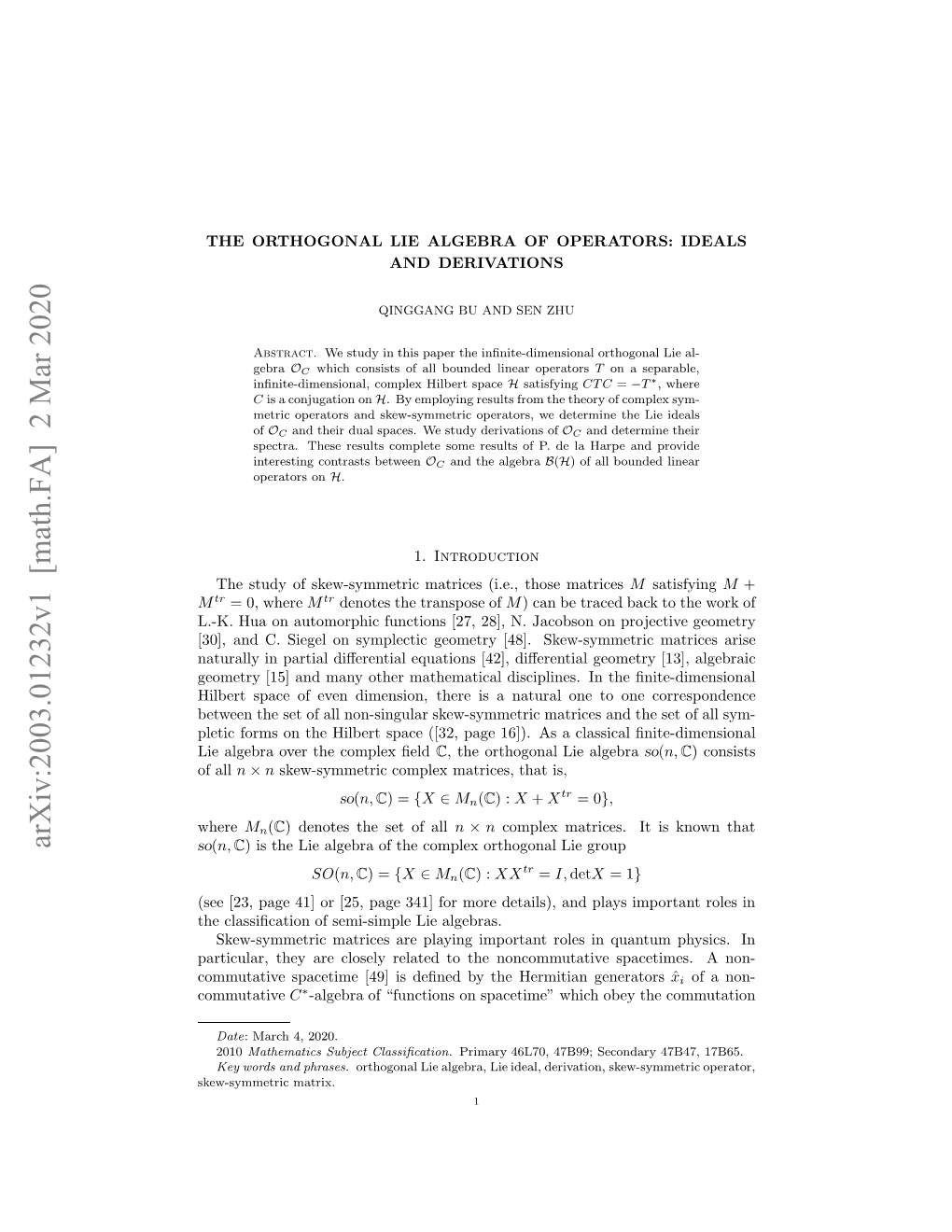 Arxiv:2003.01232V1 [Math.FA] 2 Mar 2020 Where Fall of Commutative M Ltcfrso H Ibr Pc [2 Ae1].A Lsia ﬁnite- Classical a Corre As One ﬁeld 16])